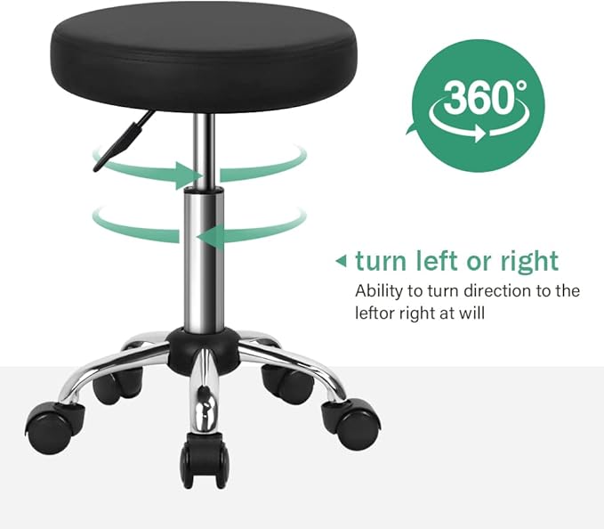 FURWOO Adjustable Salon Chair Small Rolling Stool with Wheels for Spa Salon Massage Home Office Black