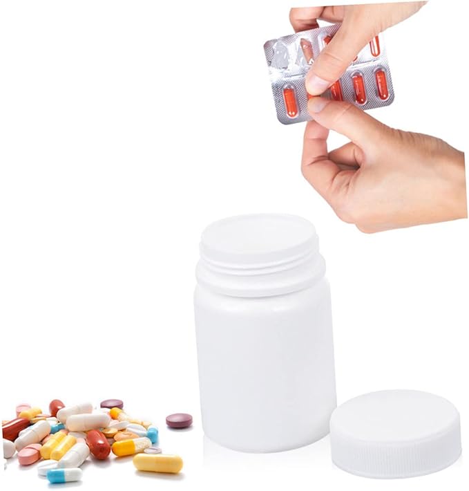 60 pcs Medicine Bottle Storage Holder Pill Capsules Empty Round Container with lid Refillable Bottle. Empty Bottles White polyethylene