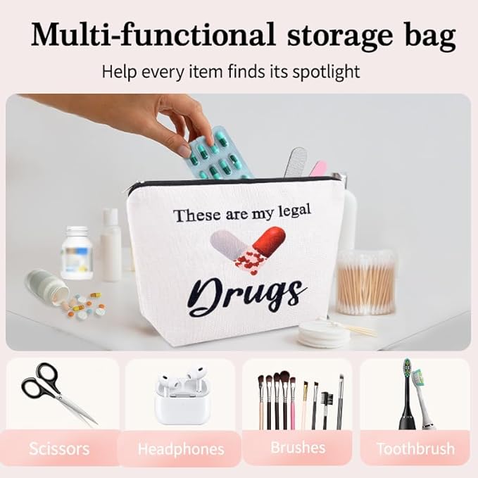 Funny Medicine Make Up Bag for Women Novelty Drug Gag Gift Pouch Fun Small Nurse Christmas Presents Birthday Retirement Gift for Doctor from Patient Zipper Pouches for Medical Supplies Pharmacist Bag