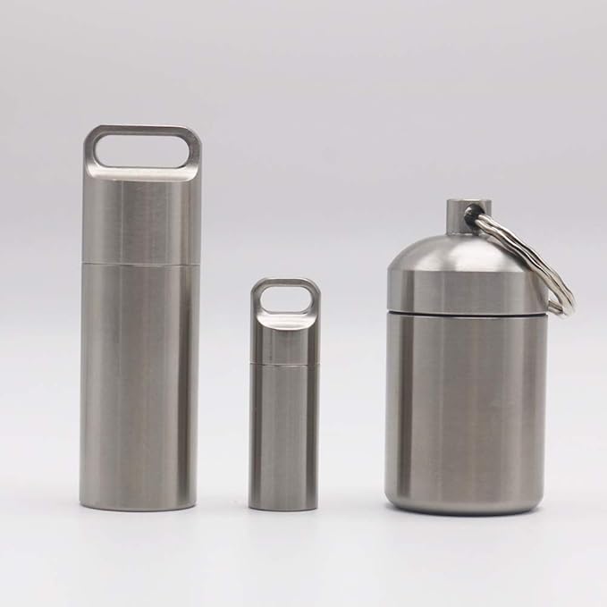 HRX Package Waterproof Stainless Steel Pill Case Keychain, Durable Small Pill Box Bottle Holder Tough for Men Purse Pocket Outdoor EDC Tool Kit