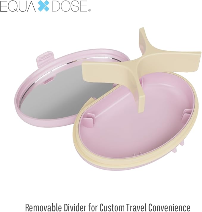 EQUADOSE Oval Compact Pill Case, Portable Organizer with Mirror, Travel Medication Holder with Removable Divider, Small Storage Case for Pills, Vitamins, Earbuds, Jewelry & Daily Essentials, Rose
