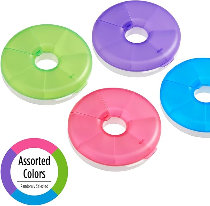EZY DOSE Weekly (7-Day) Round Pill Case, Medicine Planner, Vitamin Organizer Box, Convenient and Easy to Use, Easy Fill All Compartments at Once, Travel Sized, Color May Vary, BPA Free