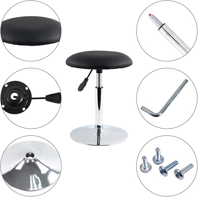 FURWOO Short Round Spa Stool Height Adjustable Swivel Bench for Bedroom Living Room Black PU Leather