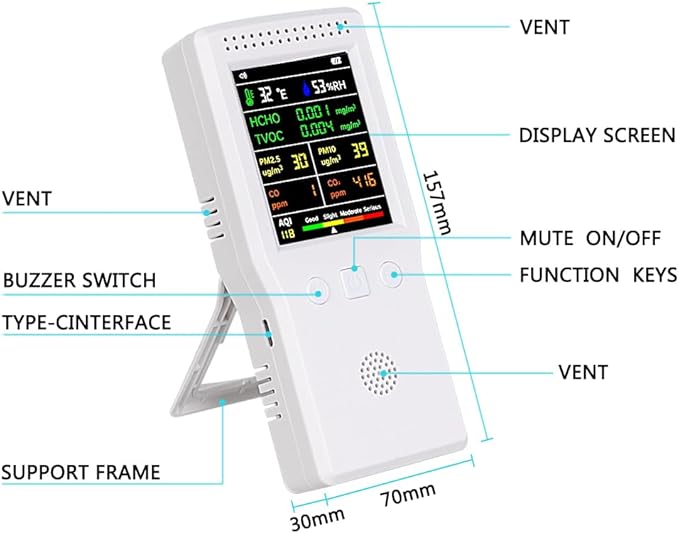 9-in-1 Air Quality Monitor Indoor,Portable PM2.5,PM10,AQI,CO2,CO,TVOC,HCHO,Humidity & Temperature Detector,Real Time Monitoring,Large Display with Voice Alert,Home Air Test Kits (White)
