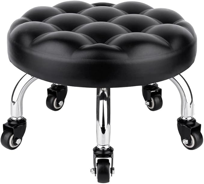 Pedicure Stool Low Roller Seat,Swivel stools Round Stool with Wheels, Black Low Chair with Wheels,PU Leather (Black StyleB)