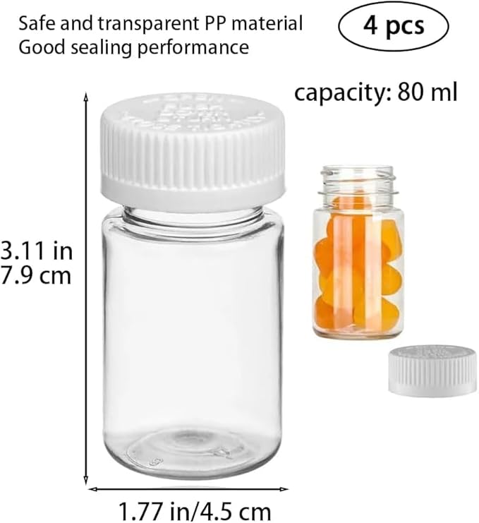 4 Pcs Clear Medicine Pill Bottles, 80ml Empty with Caps Plastic Pill Bottles Clear Travel Medication Bottle for Organizers Storing Fish Oil Candy Medication Aids