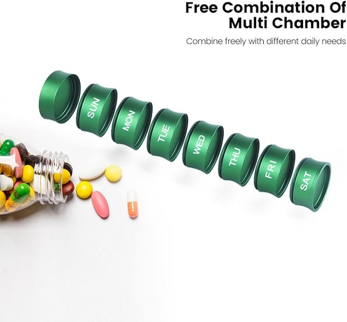 Pill Organizer, Bamboo-Shaped Portable Waterproof Pill Box, BPA Free 7 Day Medicine Pill Organizer Holder for Vitamin, Fish Oil, Supplements and Medication, Green