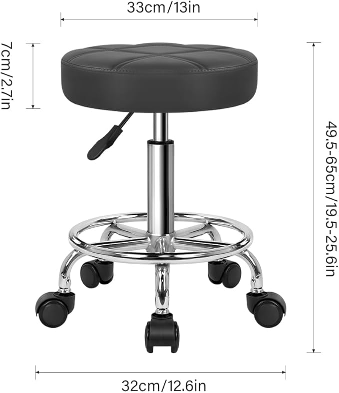 Round Rolling Stool with Footrest PU Leather Height Adjustable 360° Swivel Stool with Wheels Office Chair Home Drafting Work Studio Shop SPA Salon Small (Grey)