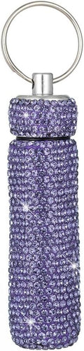 Bling Rhinestone Pill Case Portable Waterproof Pocket Pill Holder Bottle Storage with Keychain for Travel, Outdoor, Camping (Purple)