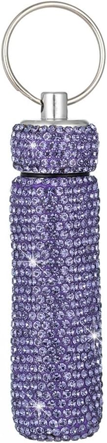 Bling Rhinestone Pill Case Portable Waterproof Pocket Pill Holder Bottle Storage with Keychain for Travel, Outdoor, Camping (Purple)