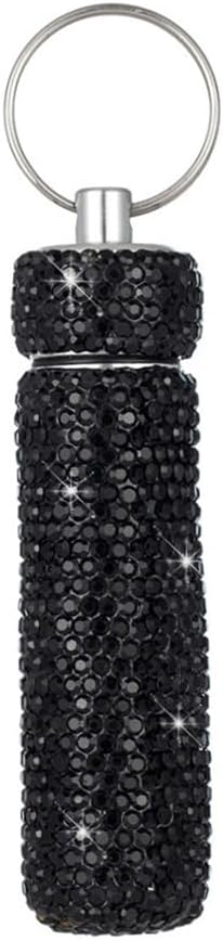 Bling Rhinestone Pill Case Portable Waterproof Pocket Pill Holder Bottle Storage with Keychain for Travel, Outdoor, Camping (black)