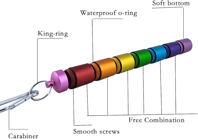 7 Days Rainbow Colour Aluminum Bottle with Carabiner ，Stackable Metal Container，Waterproof Travel Cute Holder (1 Rainbow Container and 1 Black Container)