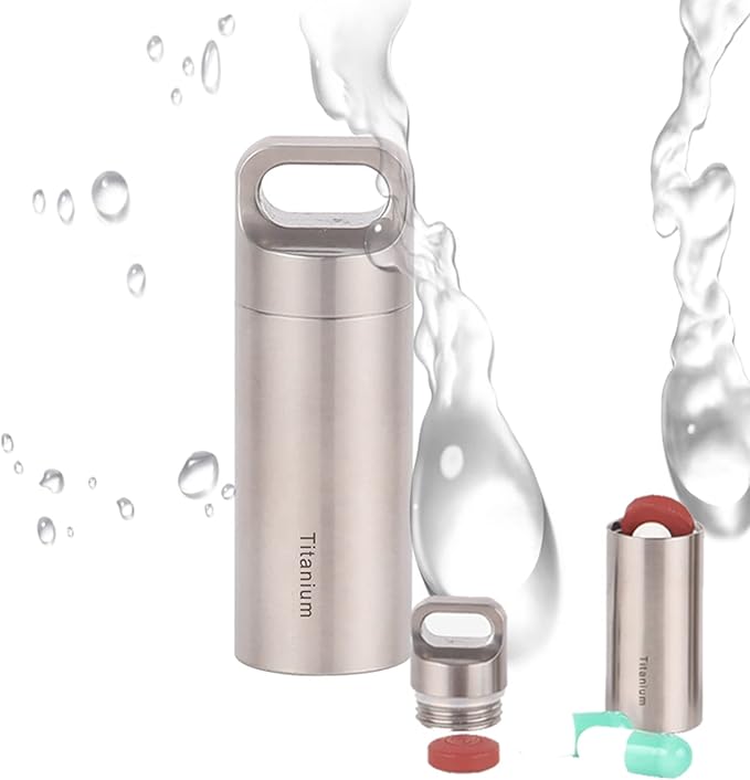 Keychain Pill Case Titanium, Portable Pill Bottle Carrier, EDC Waterproof Container Pill Holder, Discreet Pill Box Small Pill Organizer Jar for Outdoor Travel Daily, BPA Free