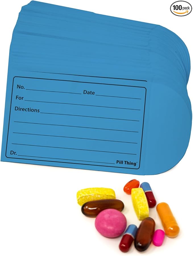 Peel and Seal Printed Pill Envelopes, 3.5" x 2.5", Easy-to-Fill Design, Secure Resealable Closure, Fits Various Medication Sizes (Blue, 100 Pack)