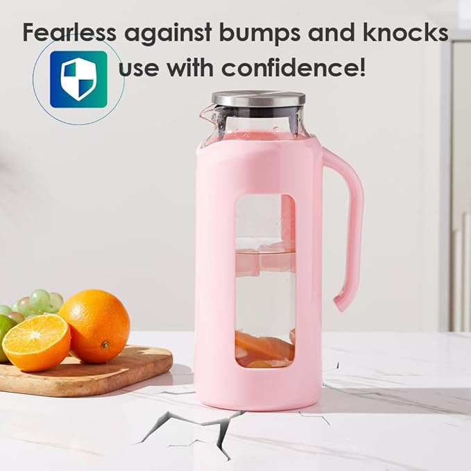 Delove Glass Pitcher with Lid & Shatterproof Shell – Heat-Resistant Borosilicate Glass Jug, 2 L/68 oz with Handle & Spout – Perfect for Iced Tea, Juice, Hot & Cold Waterr (Pink)