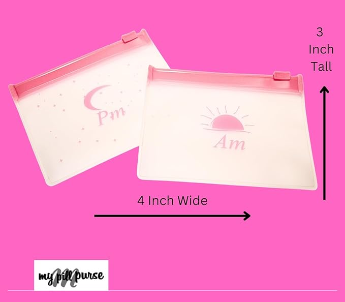 Pink Day and Night Pill Wallet w/Zipper, PU Leather Pill Case 5.5 X 4 x1.75 Inch, Includes14 AM PM Pill Organizer 7 Day Small Pill Bags of 3x4 Inch, Pill Pouches for Medicine or Supplements