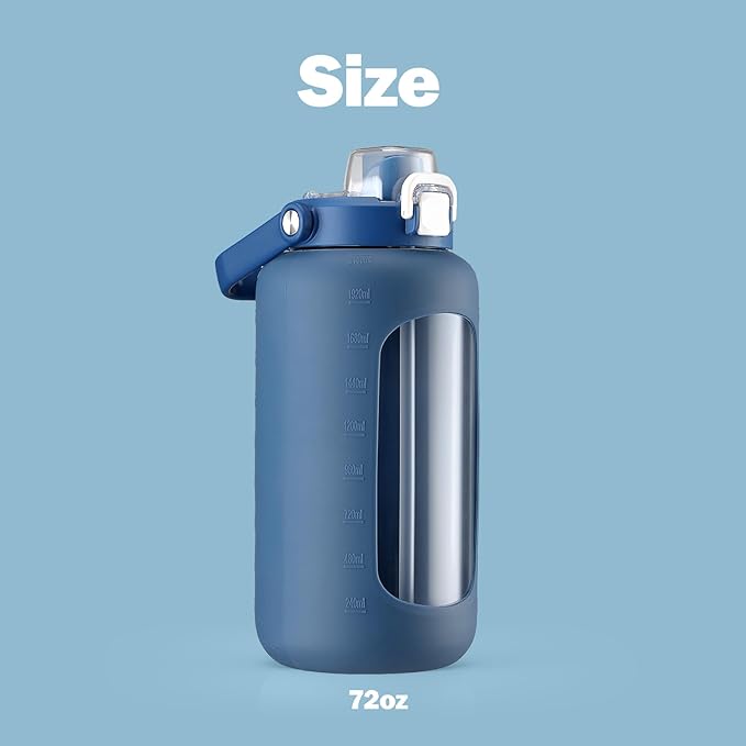 72oz Glass Water Bottle with 2-IN-1 Straw &Chug Lid, Large Motivational Glass Bottle with Capacity Marker and Silicone Sleeve, 2.1Liter Gallon Water Jug for Home, Sports, Gym, BPA Free-Blue