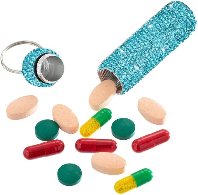 Bling Rhinestone Pill Case Portable Waterproof Pocket Pill Holder Bottle Storage with Keychain for Travel, Outdoor, Camping (lake blue)