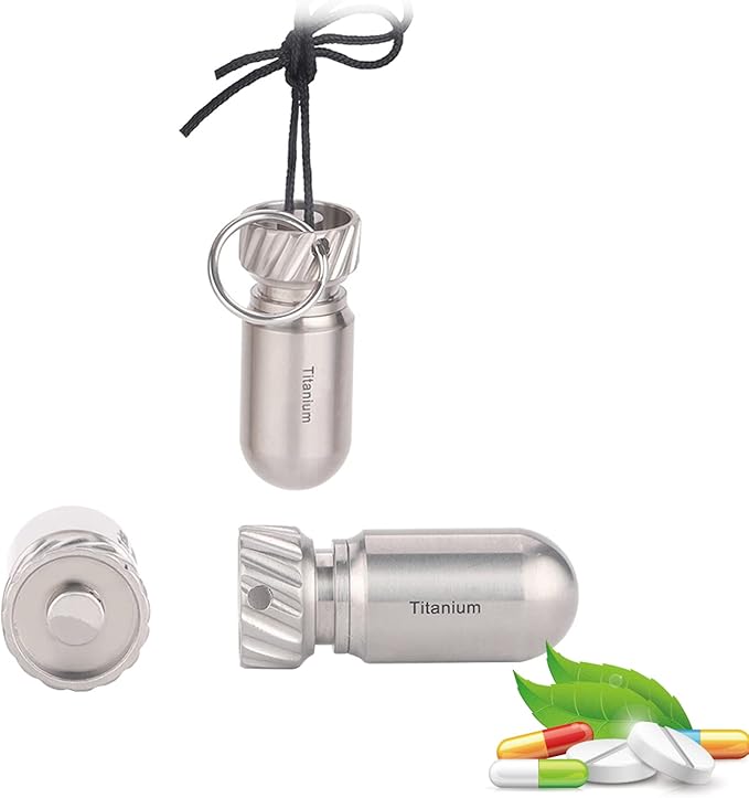 Pill Key Fob Titanium, Keychain Pill Holder Mini Cute, EDC Waterproof Pill Case, Travel Pill Container Medication Organizer, Pill Bottle Hide Necklace Pendant for Outdoor Emergency First Aids