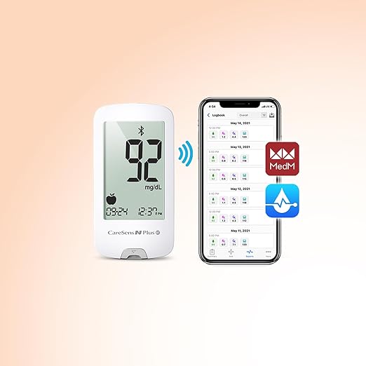 CareSens N Plus Bluetooth Blood Glucose Monitor Kit with 100 Blood Sugar Test Strips, 100 Lancets, 1 Blood Glucose Meter, 1 Lancing Device, Travel Case for Diabetes Testing Kit (Auto-Coding Glucometer kit with 1 Control Solution) for Personal Use
