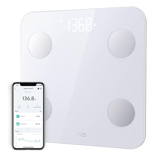 Wyze Scale S, Scale for Body Weight, Digital Bathroom Scale for Body Fat, BMI, Muscle, Heart Rate, Body Composition Analyzer with App, Batteries Included, Bluetooth, 400 lb, White
