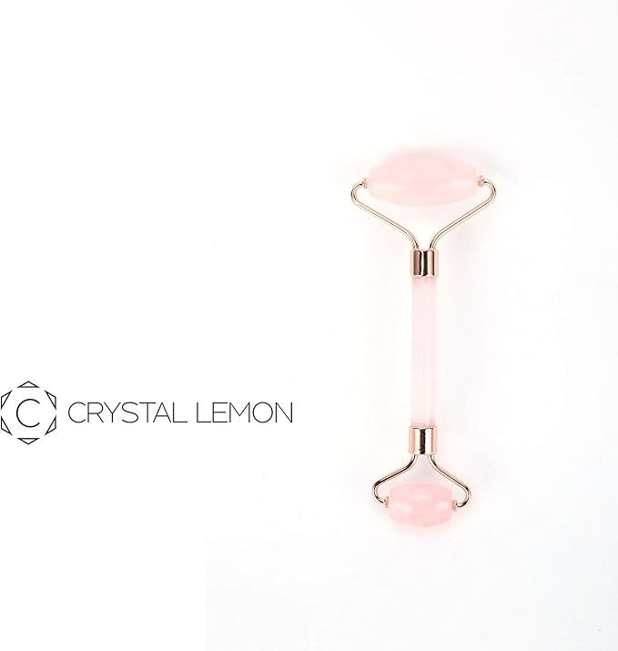 C CRYSTAL LEMON Rose Quartz Facial Roller for Face and Neck, Dual-End Natural Stone Face Roller, Cooling Massage Tool for Puffiness Appearance, Smooth Rolling Skincare Accessory