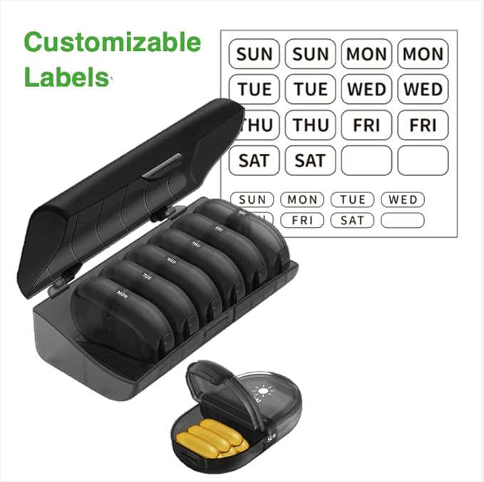 Fullicon Pill Organizer 2 Times a Day, Daily Pill Box AM PM, Replacement Medicine Organizer, Pill Cases Twice a Day with Lable- (Black Replacment 2 Pack)