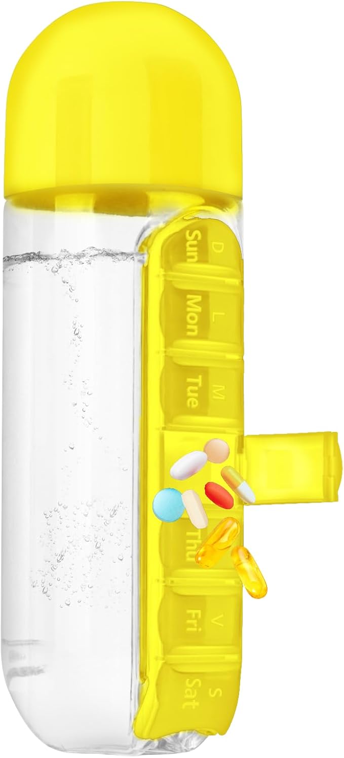 2-in-1 Water Bottle Medicine Box, Portable Pill Box Water Cup 20 oz Sports Water Bottle with 7 Day Pill Organizer