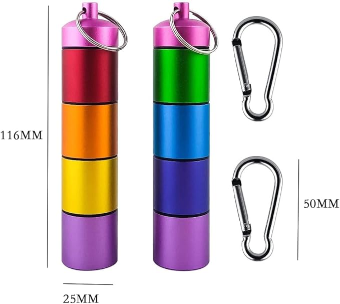 7 Days Rainbow Colour Aluminum Box with Carabiner ，Stackable Metal Container，Waterproof Travel Cute Box Holder (2 Rainbow Bottle)