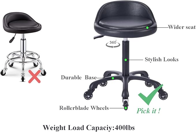 Rolling Salon Stool Chair with Back Support Hydaulic Height Adjustable on Swivel Wheels Heavy Duty for Hair Cutting Esthetician Tatto Beauty Spa Bar Lab Clinic Kitchen Office Home (Black)