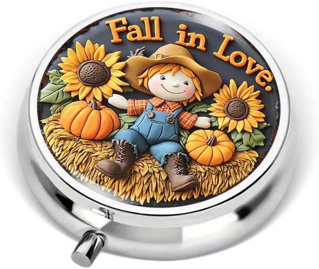 Portable Round 3 Compartment Metal Pill Box Fall Scarecrow Sunflowers Pumpkins Print Ideal for Kitchen Office Coffee Cafe Use