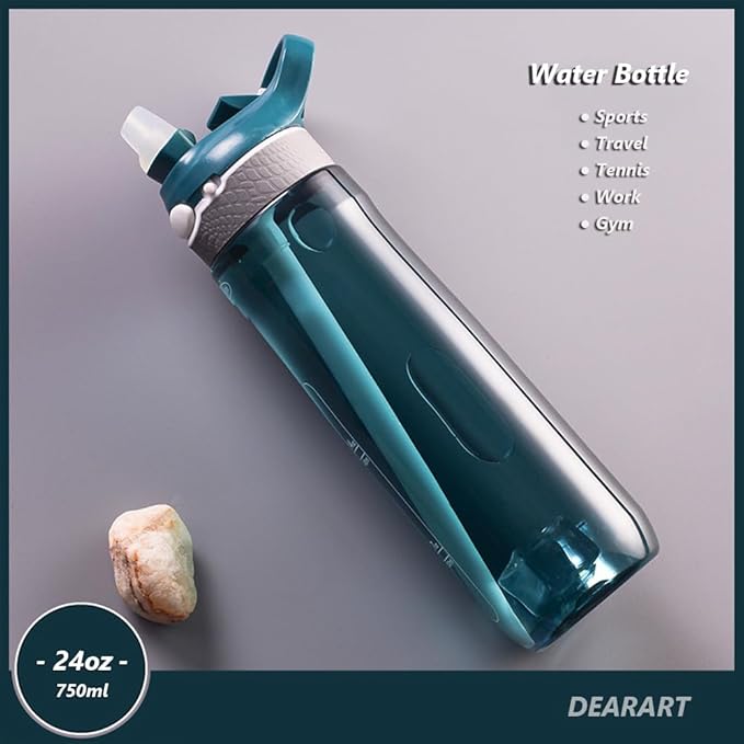 DEARART 2-Pack 24oz Light Blue & Dark Cyan Water Bottles With Straw, Leakproof BPA FREE Hidden Nozzle, Flip Up Lid Has Handle Wide Bottle Easy Clear, Suit Office Outdoor Sports Travel Gym.