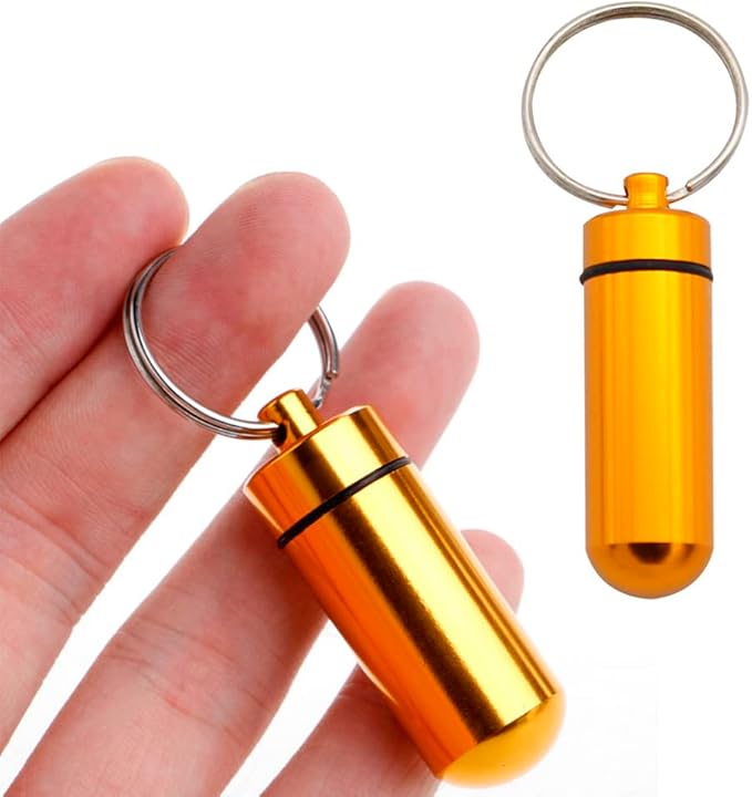 AKOAK 2 Pcs Colorful Round Aluminum Alloy Pill Bottle, Emergency Jar, Waterproof Outdoor Travel Portable Pill Bottle Key Chain (Gold)