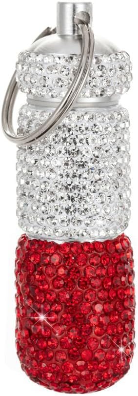 Bling Pill Case Portable Travel Pill Container Bottle Rhinestone Waterproof Small Pill Holder with Keychain Cute Mini Pill Storage Box (White red)