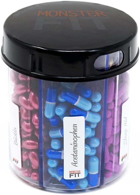 Monster & Monster Jr Supplement Medication Pill Dispensers 2 Pack with Labels, Extra Large and Small Pill Container Bottles Handle Almost Any Supplement, Easy to Dispense (Monster & Monster Jr.)