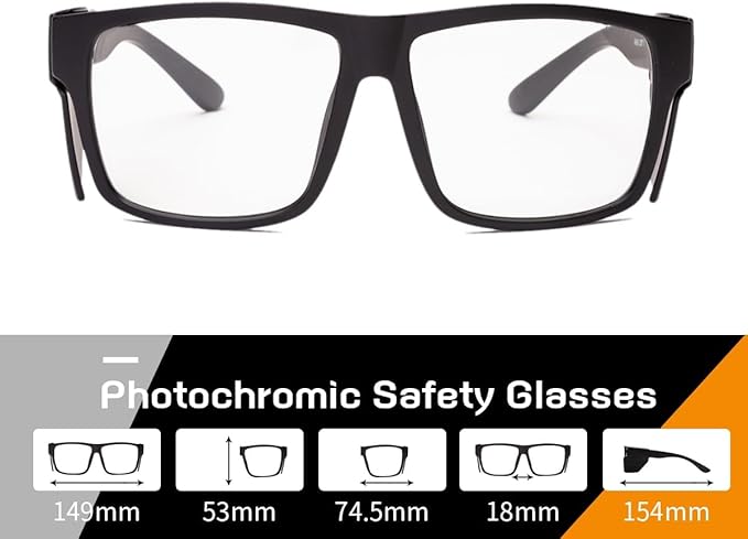 UV400 Photochromic Safety Glasses with Removable Side Shields, Blue Light Blocking