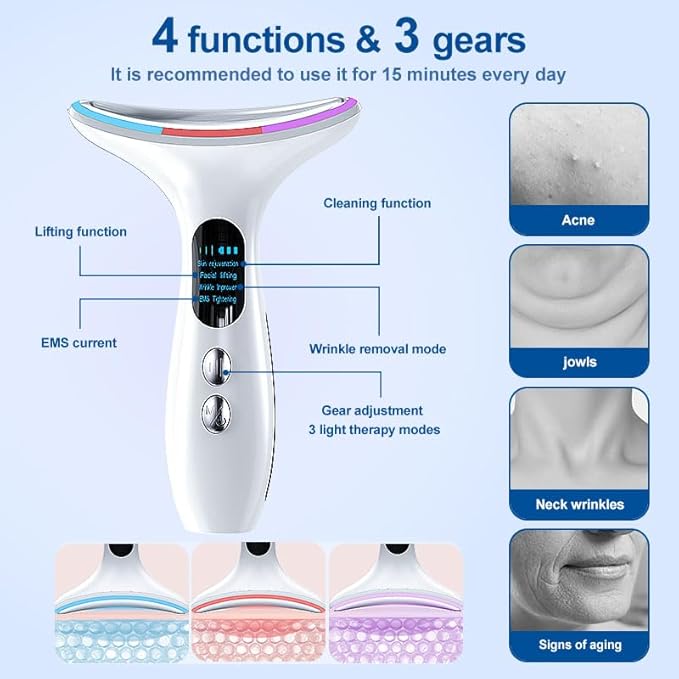 EMS Face Lifting Device – LED Light Therapy Facial Massager for Anti-Aging, Wrinkle Reduction & Skin Tightening – 4 Modes, 3 Intensities, USB Rechargeable – Face/Neck Beauty Tool