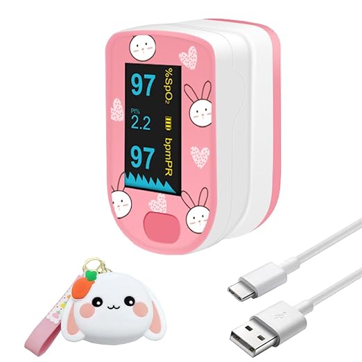 Children Digital Fingertip Pulse Oximeter Blood Oxygen Saturation Monitor with Adorable Animal Theme USB Rechargeable (fit for newborn/infant) For sports and aviation use only (pink)