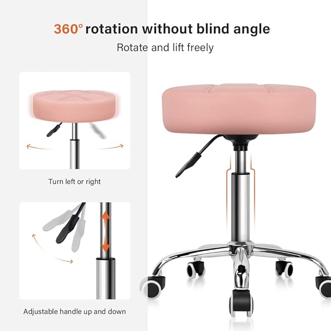 KKTONER Round Rolling Stool Chair PU Leather Height Adjustable Shop Stool Swivel Drafting Work SPA Salon Stools with Wheels Office Chair (Pink)