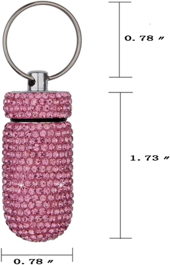 2 Pack Bling Crystal Rhinestones Waterproof Pocket Keychain Pill Holder，Portable Mini Aluminium Alloy Pill Organizer Case Container to Hold Vitamins for Outdoor Camping Travel（Silver,Pink）