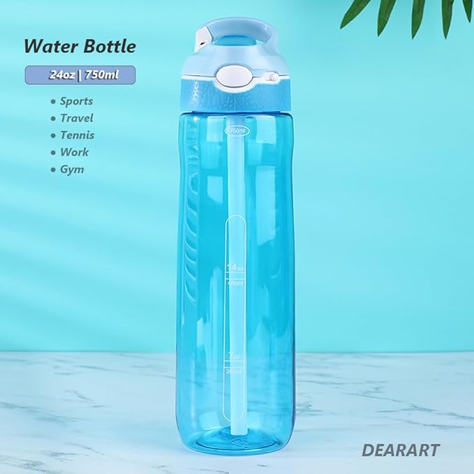 DEARART 24oz Water Bottles With Straw, 100% Leakproof BPA FREE Flip Up Lid Clear Bottle With Handle, Easy Carried Suit Office Sports Travel Gym Yoga, Light Blue