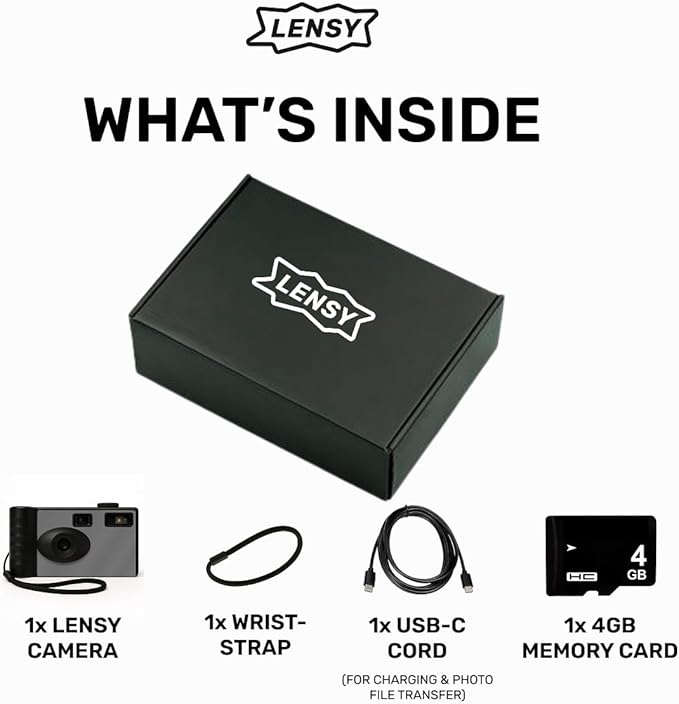 LENSY Screen Free Digital Camera | Four Built in Filters | Rechargeable, 8mp, Lightweight, Focus-Free, Auto-Flash, Easy-to-Use, Reusable, Retro Film-Style Photos (Gray)