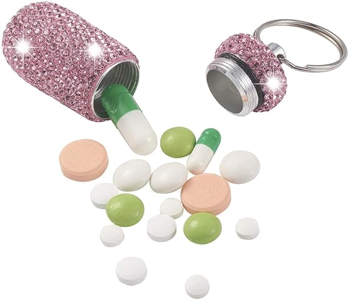 XhuangTech Waterproof Keychain Pill Box Bling Round Medicine Organizer Holder Container Aluminum Portable Mini Bottle Storage Case for Outdoor Travel Camping Purse Pocket (Pink)