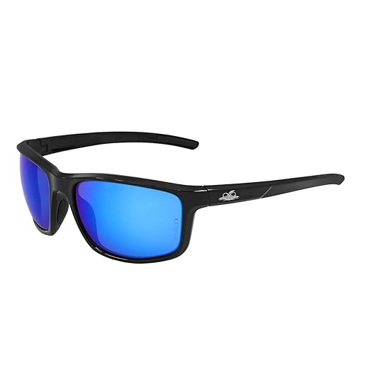 Bullhead Safety Eyewear Pompano Glasses - Anti-Fog, Lightweight, Impact/Scratch Resistant, UV Blocking Sunglasses for Cycling, Fishing, Driving, Blue Mirror/Shiny Black