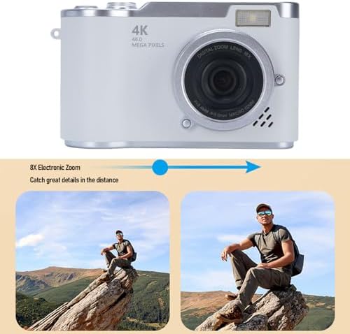 48MP Digital Camera, 1080P Video Camera, 8X Zoom, 2.4 Inch HD Flip Screen, LED Fill Light, Long Battery Life, with Multiple Functions for Entertaining Photography (White)