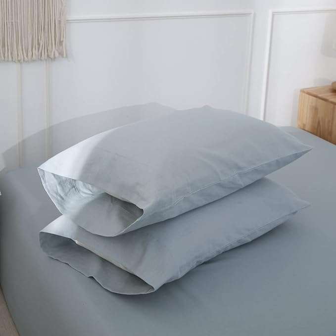 Simple&Opulence Belgian Linen Sheet Set Solid Color - 4 Pieces (1 Flat Sheet, 1 Fitted Sheet & 2 Pillowcases) Natural Flax Cotton Blend Soft Breathable Farmhouse Bedding - Full Size, Dusty Blue