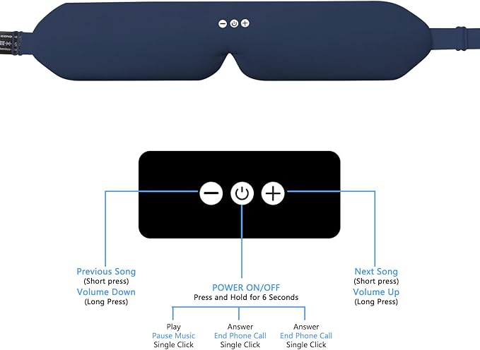 ALASKA BEAR Bluetooth Eye Mask and Sleep Headphone w/Thin Speakers, Comfortable Flat Earphones for Sound Therapy (Navy)