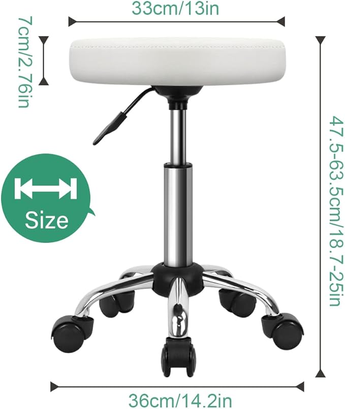 FURWOO Adjustable Salon Chair Small Rolling Stool with Wheels for Spa Salon Massage Home Office White