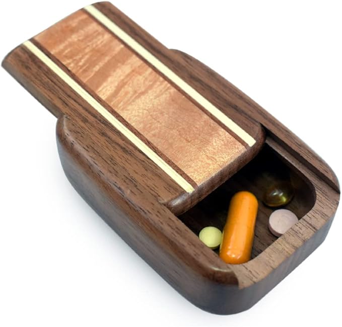 American Made Pocket-Sized Pill Box (Standard Size) - Walnut Wood with Inlaid Burl Maple