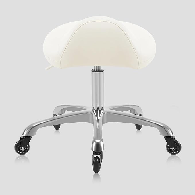 Heavy-Duty Ergonomic Pneumatic Swivel Rolling Saddle Stool with Extra Wide Seat for Hygienic Clinic Spa Massage Home and Office - 505 KIMO (Vanilla)